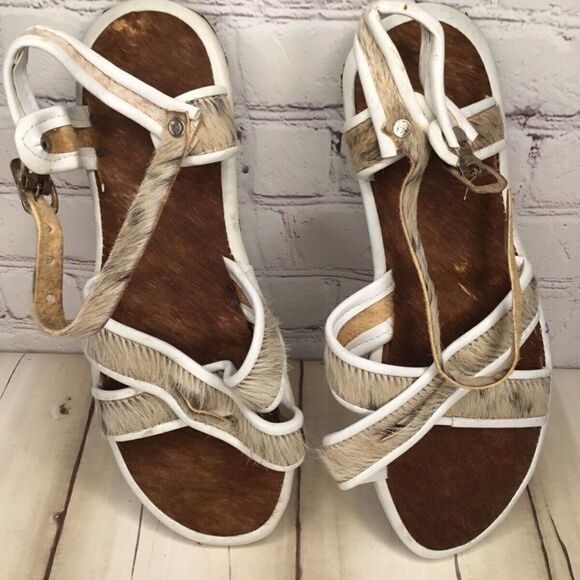 NWOT Handmade Unisex Brown/Tan Real Fur Boho Festival Sandals Size 44/M10/ W12 - Picture 7 of 12